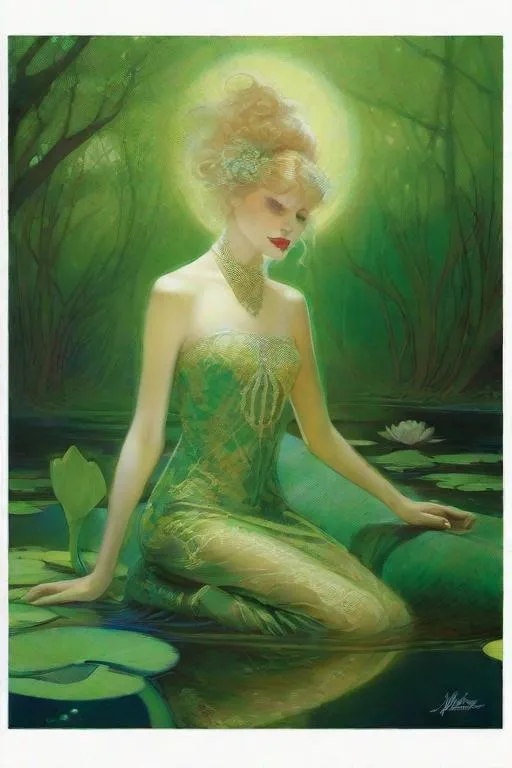 Prompt: Ethereal Mysterious mythical Lady, art by Martine Johanna, William Oxer, Susan Seddon Boulet, Michael Hussar, Hans Makart, caia Koopman, Daniel Merriam, maxfield parrish. Background by Bill Jacklin, beautiful face, delicate green and gold lace Gilded dress, illuminated by Moonlight, inlay water lilies intertwined with her hair, art deco, shimmer, glow, upper body shoot, green tones