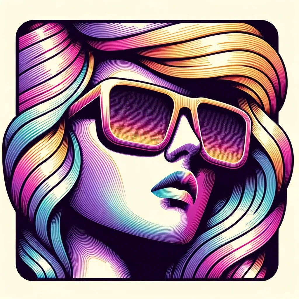 Prompt: A square illustration of a face embodying the essence of retrowave; with a colorful hair gradient, oversized sunglasses, and a digitally enhanced finish featuring light purple and amber tones.