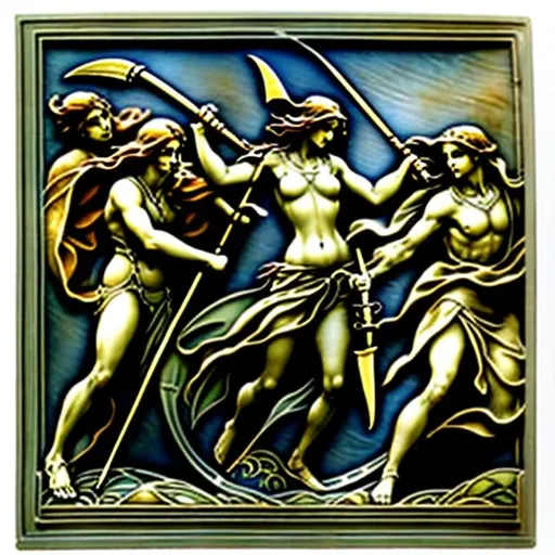 Prompt: Art nouveau frieze relief in polished bronze  Nemesis flies with a spear in each hand