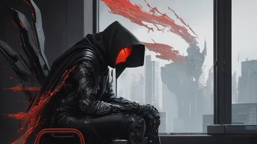 Prompt: An abnormally tall and lanky humanoid hunched forward in nanotech armor with spines and metal protrusions. He has a black cape and is sitting ominously on a floating mechanical chair. His face is covered with a metal mask with beady glowing red eyes under a black hood. behance HD