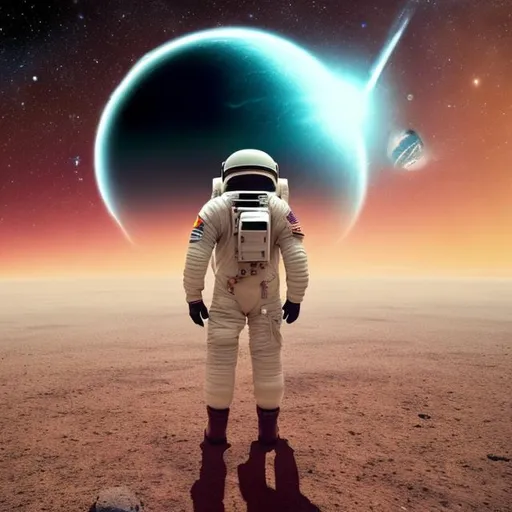 Prompt: Cool astronaut looking in mysterious planet horizon 