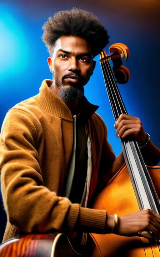 Prompt: African American male with caramel skin, medium length twisted hair and neatly trimmed goatee, playing an upright bass in a smoky lounge. Table next to the bass with half empty glass of cognac and a tip jar. 