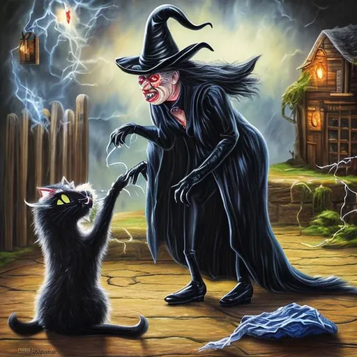 Prompt: (realistic photo, professional phot, oil painting) black cat scratching an evil witch