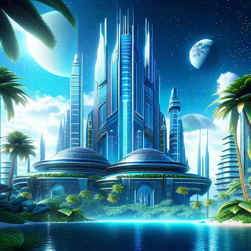 Prompt: A sci-fi city full of exquisite futuristic, hyperrealistic and hyperdetailed sky-scrappers, buildings and great religious temples deep into the jungle of dazzling palm trees, Nebula Moon Sky in the intricately detailed background, digital art masterpiece, perfect image composition, Sci-Fi style, liquid Blue atmosphere, highest quality of details and design, Unreal Engine 5, CryEngine, Ultra HD 1024K, Octane 3D, clarity, harmony, hierarchy, order, symmetry, proportions.