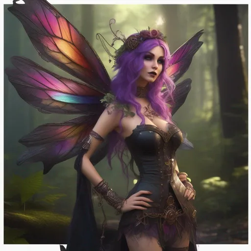 Prompt: ((Epic)). ((Cinematic)). Shes a colorful, Steam Punk, goth, witch.  ((distinct)) Winged fairy, with a skimpy, ((colorful)), gossamer, flowing outfit, standing in a forest by a village. ((Wide angle)),  Detailed Illustration. 4k, 8k.  Full body in shot. Hyper realistic painting. Photo real. A ((beautiful)), very shapely woman with ((anatomically real hands)), and ((vivid)) colorful, ((bright)) eyes. A ((distinct))  Halloween night. Concept style art. 