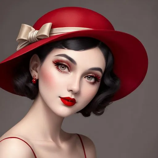 Prompt: a pretty girl  dressed in red, wearing a  large red hat 1920's era, bob hair cut, 1950's era makeup, facial closeup