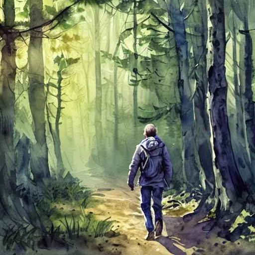 Prompt: 
A man is walking in the forest, it's springtime, his pain is solved by nature.
Watercolor. Detailed, 8k
very realistic