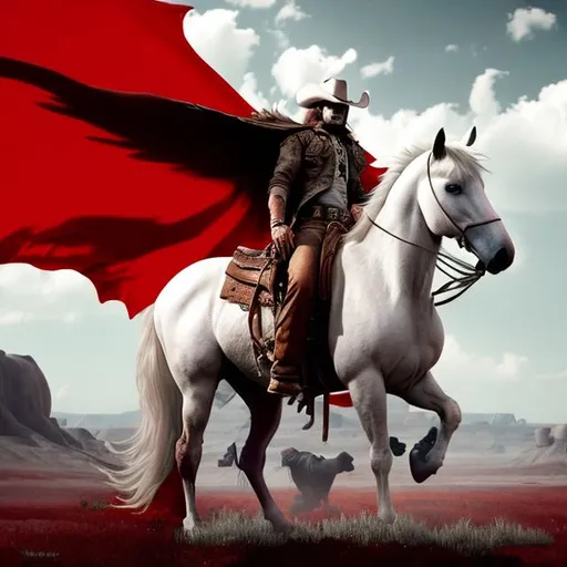 Prompt: A lone cowboy sits atop his white stallion holding a revolver in either hand. Ahead of him is Hell itself with its hordes of demons and beyond that is Lucifer himself atop his red throne. 