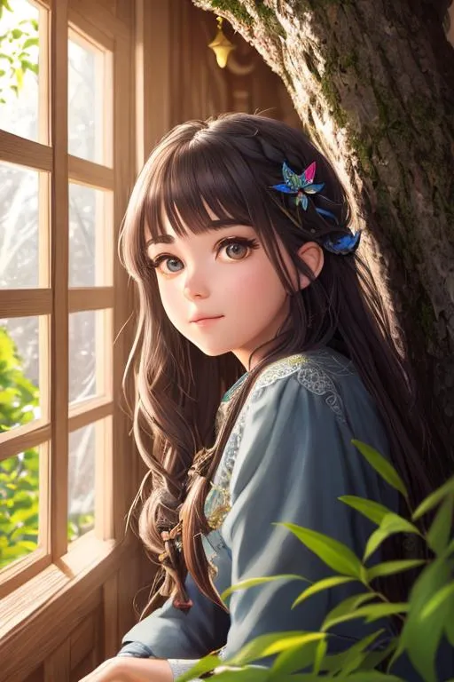 Prompt: close up shot, cinematic shot,

a mythical young witch sitting near window inside tree house and enjoying afternoon time, cute face, ultra detailed tree house interior background, ultra detailed witch grab, detailed face, detailed eyes, innocent, detailed nose, detailed mouth and lip, detailed interior, ultra detailed accessories,

2D illustration, 2D character design, 2D flat color, 2D digital illustration, 2D vector illustration, contrast,

((sunshine, very strong sunlight on face, cinematic lighting, volumetric lighting, iridescent lighting reflection, reflection, beautiful shading, head light, back light, natural light, ray tracing, symmetrical)), (((masterpiece, professional, professional illustration, long hair, beautiful bang, stray hair))),

UDR, HDR, 64k, beautiful, stunning, masterpiece artwork, masterpiece illustration,