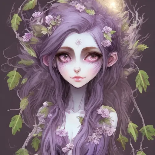 Prompt: Dryad, pale skin, covered in light violet leaves and bark, feathery white hair, violet feathers, masterpiece, best quality, in chibi art style