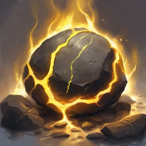 Prompt: small glowing round rock with yellow veins, lightning, fire, dungeons and dragons, magic the gathering, fantasy art, fantasy, wizard,, concept art, , artstation, award winning, painting, watercolor, 