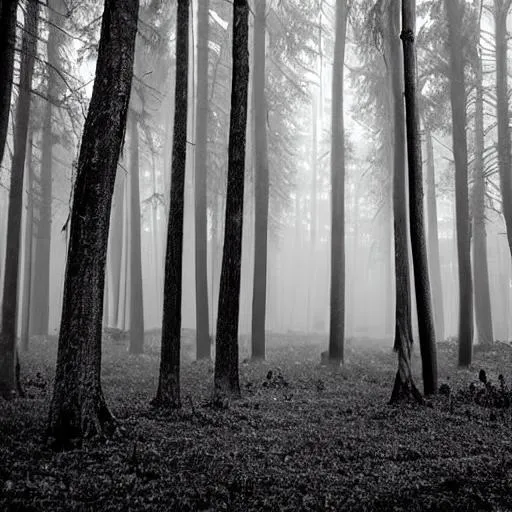 Foggy forest with tall trees black and white image | OpenArt