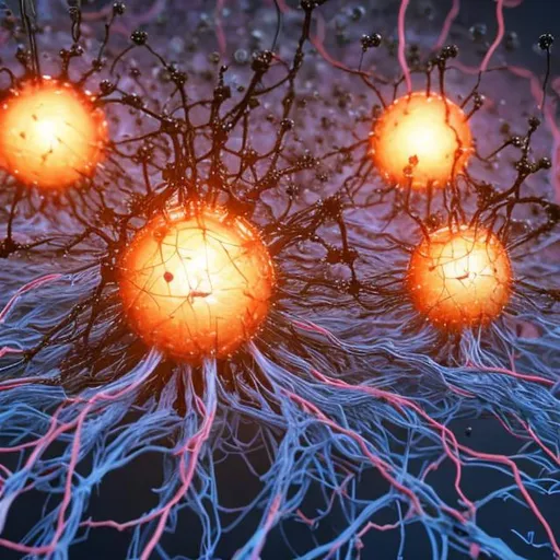 Prompt: A network of neurons with 20 somas and a few axons from each soma. Five neuron somas are replaced by spherical nanobots that are the same diameter as the natural somas. The spherical nanobots have dull grey surfaces that have tracks like on a PCB. The natural somas and artificial nanobots are distributed evenly across the image in three dimensions.