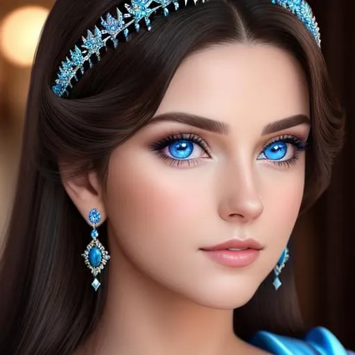 Prompt: a realistic feminine elegant princess ,  dark hair, large blue eyes, wearing jewls in her hair, facial closeup