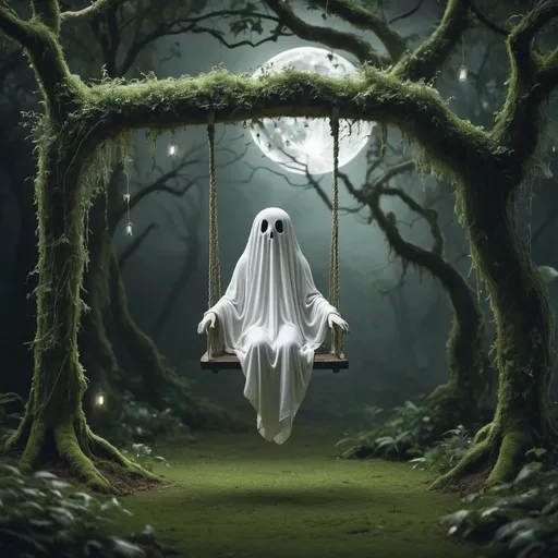 Prompt: Moonlit dark forest with a white ghostly spirit, sitting on a swing attached to a tree branch, suspended in the air. It appears to be covered in vines and moss, creating a peaceful and serene atmosphere. The ghosts is positioned facing forward, as if its enjoying the relaxing experience of being suspended in mid-air. The background features lush greenery and a few trees, adding to the dreamy ambiance of the scene