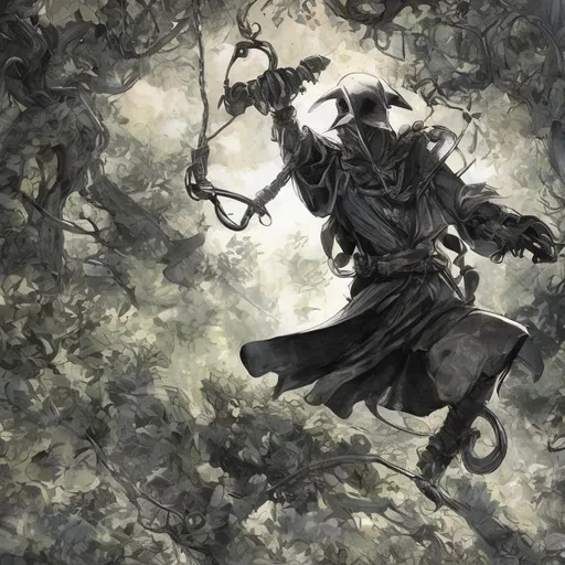 Prompt: Anime-esque picture of a plague doctor swinging through the trees with a grappling hook.