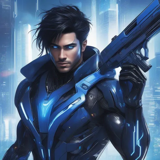 Prompt: Picture shows a 35 year old male full body image with black striaght hair with minute blue streaks in it. He is a cyborg and black eyes and has blue streaks under his eyes. He is holding a futuristic gun and facing the viewer with a smile. He is wearing a dark blue bodysuit with streaks of white. The background is of a futuristic, cyberpunk city. He is mature. It will be of the highest quality, best quality, HD, vibrant colours and best art. 