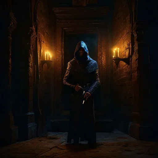 Prompt: "An Ominous Glue-Size painting of Royal Assassin Lurking Concealed in hidden Corner of Castle, dim candlelight, by Tom Wänerstrand, Sean Murphy. Hyperfine details, Trending on r/Art, Masterful Composition, Reimagined by industrial light and magic, volumetric lighting, 4k, Artrift, HDR, IMAX, shadow depth"