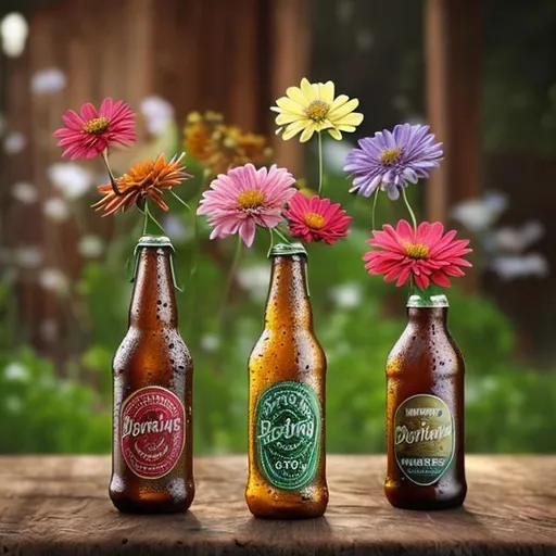 Prompt: Photo realistic, 4 beer bottles with flowers growing out of them, beautiful. 