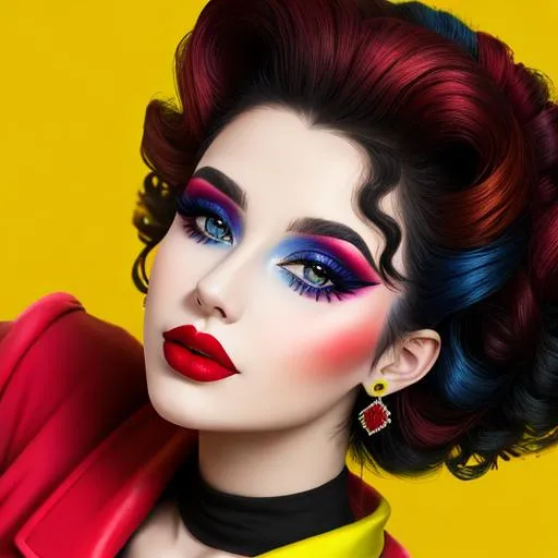 Prompt: A woman all in primary colors, pretty makeup