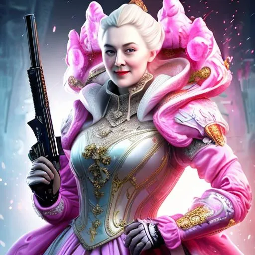 Prompt:  smug smiling noble lady with powdered face who looks likes like queen victoria in pink long regal dress made of steel and holding a futuristic shotgun. 8k, splash art, futuristic
