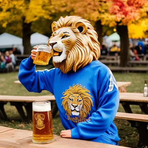 Prompt: happy lion about to drink from a large German style stein of beer wearing a gold and royal blue track suit at a picnic table in a festival beer garden with fall foliage