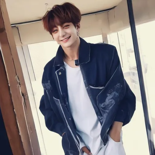 The wavy hair and denim jacket, - BTS Jeon Jungkook