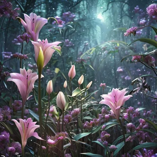 Prompt: Lily Flower in a forest, butterflies, luna moths, flowers, caterpillars, aesthetic, sparkle, fantasy, hyperrealistic, highly detailed, intricate,  starry sky, realistic scenery, hyperrealistic, ultra HD, studio light, silk, octane rendering, ultra detailed, 8k, cinematic, sharp focus, masterpiece