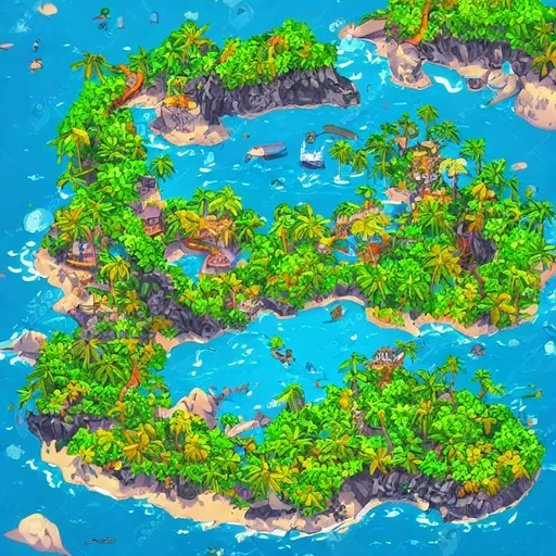 Prompt: In a bird’s eye view of a tropical island in a 2d art style, You are able to see the whole island.