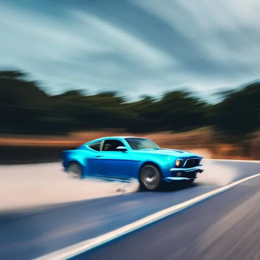 Prompt: crisp shot of a blue car speeding down a road with blurred surroundings
