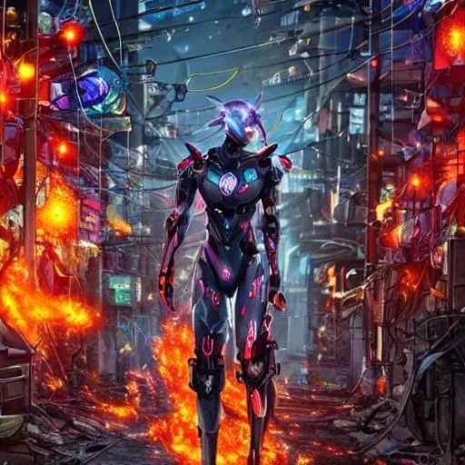 Prompt: Cyberpunk cyber warrior robot walking through flames and wires and abandoned war zone town protecting people
