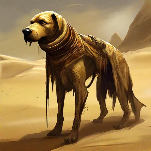 Prompt: (in dripping art style) Sandy, The Dune-Hound is the loyal dog of the Redguard hunters of the Alik'r, dripping sand, Masterpiece, Best Quality 
