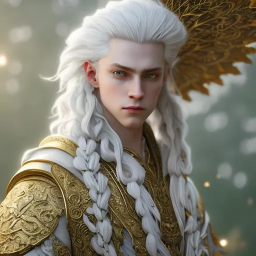Prompt: Cinematic, 8K HD 3D portrait of beautiful albino male, portrait of noble young wizard, pale beautiful face, grey stunning eyes, extra long white hair, elegant green wizard clothes, intricate, detailed, charming male, light contrast, noble, perfect anatomy, perfect male beauty, golden ratio