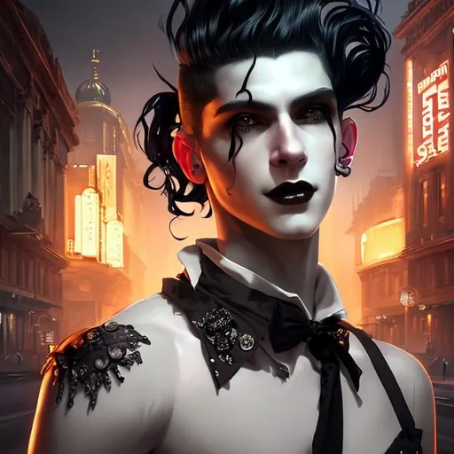 Prompt: beautiful mid-twenties goth young french male, dandy, smile, long black hair shaved sides, art deco berlin, portrait, realistic details, photorealistic, 8k render, cinematic lighting, ultra detailed