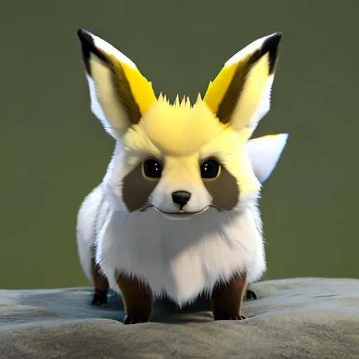 Prompt: Jolteon is covered in yellow fur, and has a white, spiky collar. It can make its fur sharp like needles; this is similar to Glaceon, which also has fur that can be made sharp. Jolteon has dark, fox-like, black eyes. Its height is 2'07" and weight is 54.0 lbs.