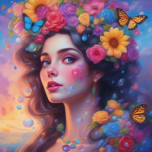 Prompt: A beautiful and colourful Persephone whose brunette hair is made of clouds that rains down flowers made of jewels, while chickadees fly around her; in a photorealistic impressionistic Disney Lisa Frank style.
