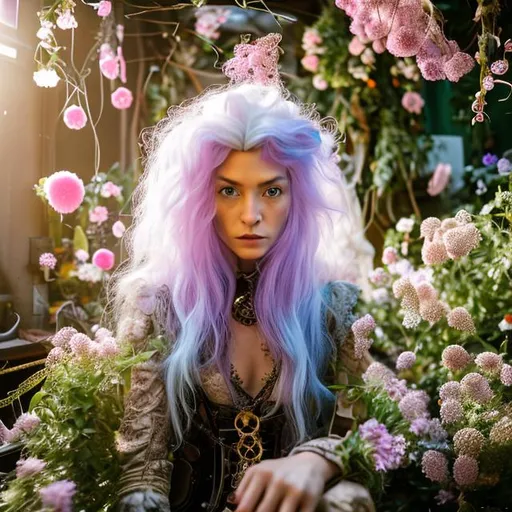 Prompt: a steampunk caucasian woman with white hair sitting in car filled with flowers, art by Rinko Kawauchi, in the style of naturalistic poses, vacation dad core, youthful energy, a cool expression, body extensions, flowers in the sky, analog film, super detail, dreamy loft photography, colourful, covered in flowers and vines, inside view, shot on fujifilm XT4 --q 2 --v 5 --ar 3:4