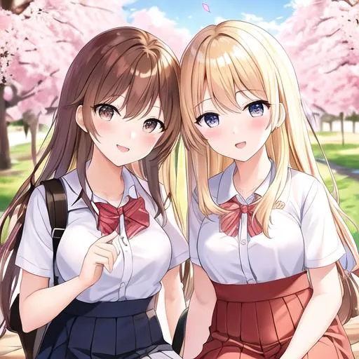 Prompt: Caleb (brown hair) and (Haley, blonde hair,  wearing a Japanese school uniform) on a date, under the cherry blossom trees
