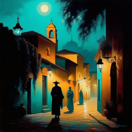 Prompt: Cordoba at night, creepy, fog, cold teal atmosphere, cartoony style, extremely detailed painting by Greg Rutkowski and by Henry Justice Ford and by Steve Henderson 

