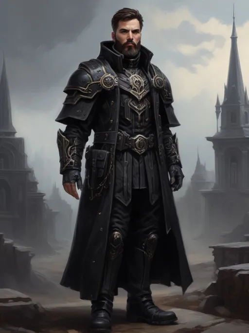 Prompt: Full-body oil painting of a male Warhammer 40k sanctioned psyker, (short thick brown hair), (styled full brown beard), worry lines, highly detailed piercing {brown eyes}, oil painting, intense gaze, wh40k, dark black clothing, painterly, painted, dark black gunmetal hi-tech psyker light armor, psyker epaulets, dark black gunmetal 40k psyker hi-tech gear, ((psyker)), Caucasian, (up-lit {up lit} {under lit} under-lit face), epic confident standing pose, {black duster trench-coat}, {black caped greatcoat}, {black military gaiters}, {black heavy-sole boots}, {black gloves}, {matte black psyker hi-tech (chest armor)}, highly detailed background, 40k imperium of man high gothic architecture background, Warhammer 40k, highly detailed facial features, soft art style, soft highlights, soft shadows, impressionist brushwork, 