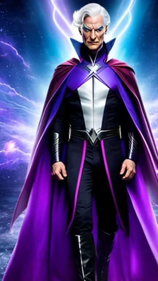 Prompt: High-resolution hyperrealistic photo of professor charles xavier merged with magneto, white hair, purple and blue costume, red cape uhd, hdr, 64k