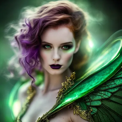 Prompt: HD, 4K, 3D, Stunning, magic, cinematic camera, gothic beauty, ethereal green wings,fairy queen,gothic enchanted, light contrast, long, curly redhead hair, lovely, romantic, tender, purple light, moon strails, perfect female beauty, intricate, pale traslucent skin, golden ratio, look in camera, gorgeous sinuous body, female body,gorgeous eyes