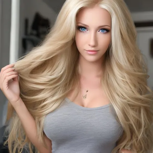Prompt: blonde thick very long hair , real , hair in front of face
