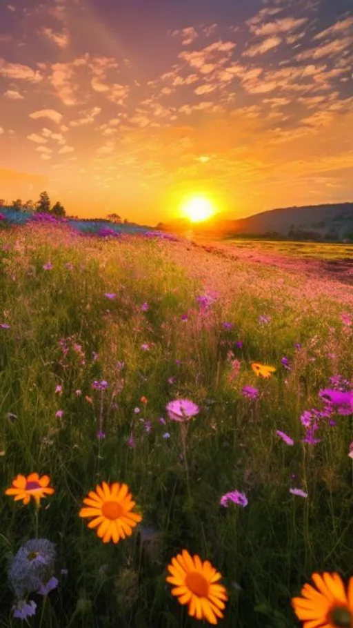 Prompt: A picture of a  meadow full of flowers with a big sunrise in a sunny day with few clouds