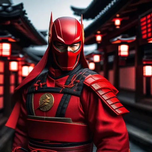 Prompt: Portrait of { red Ninja the flash } in  {edo era Japan}, perfect composition, hyperrealistic, super detailed, 8k, high quality, trending art, trending on artstation, sharp focus, studio photo, intricate details, highly detailed,happy face, by greg rutkowski