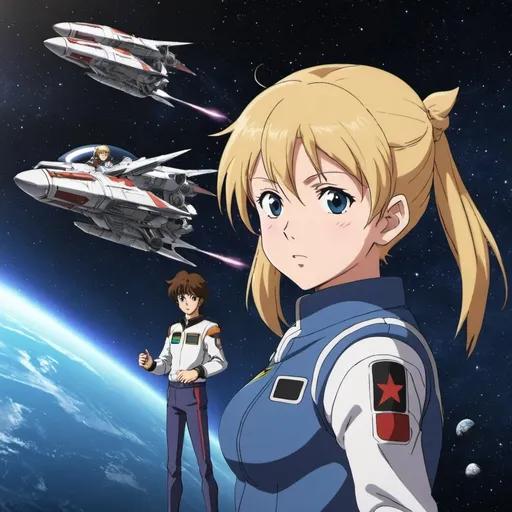 Prompt: the space fighter's in their early youth returns to class anime.