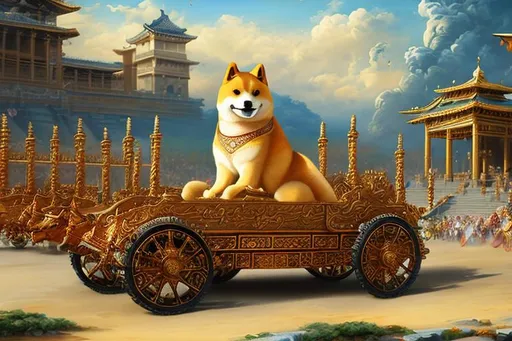 Prompt: shiba inu emperor riding in chariot through his kingdom, style oil painting