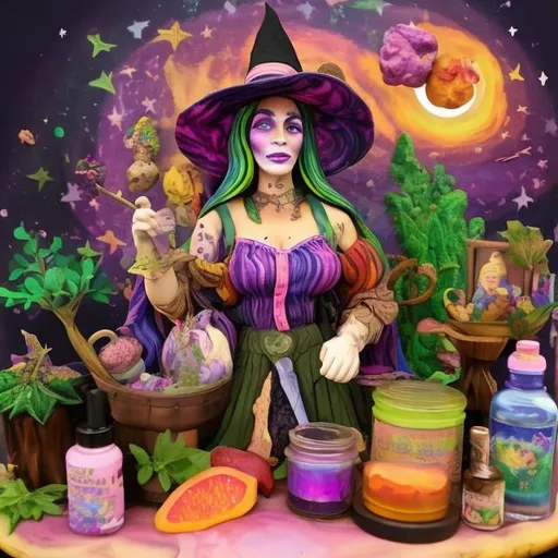 Prompt: Herbalist witch diorama in the style of Lisa frank 