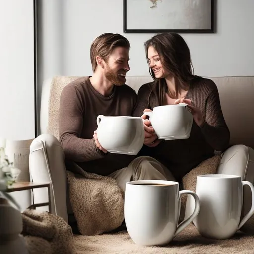Prompt: A man and his wife lounge inside a huge 5 foot white mug filled with coffee to soak and wake up after a long night. Detailed, hyper realistic photo