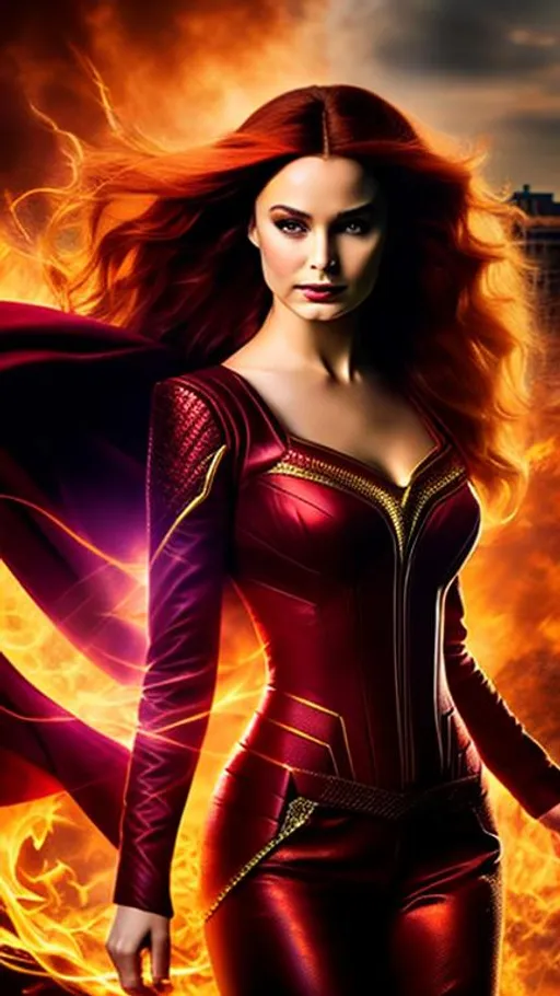 Prompt: High-resolution hyperrealistic photo of the dark phoenix merged with the scarlet witch, scarlet, ruby and gold costume, uhd, hdr, 64k